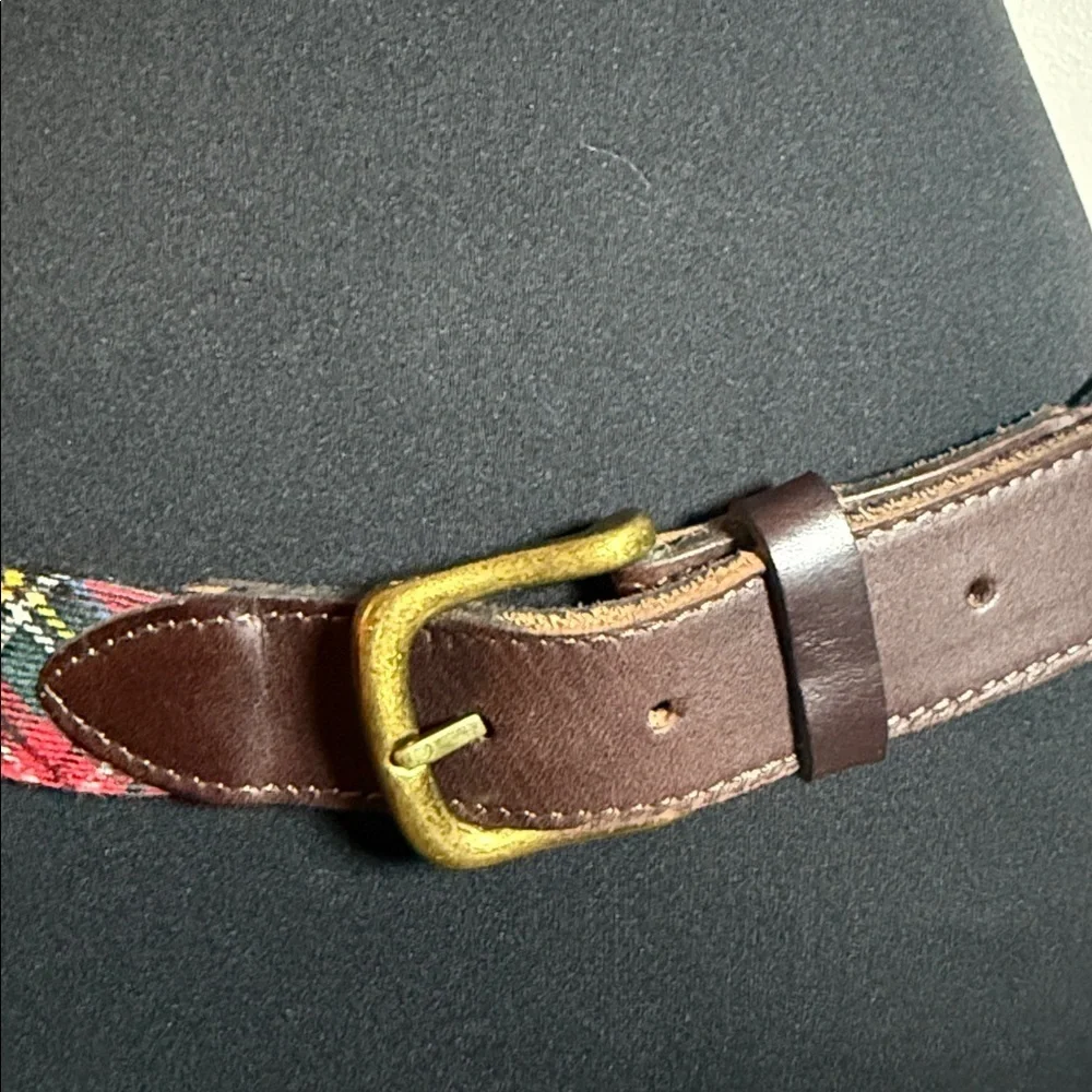 Red Tartan Plaid, Leather & Brass Belt SZ 36